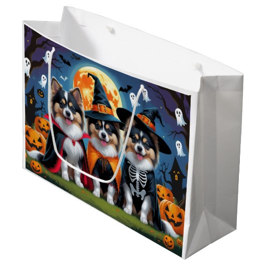 Grand Sac Cadeau Keeshond Chiens Citrouille Halloween Funny (Devant Angle)