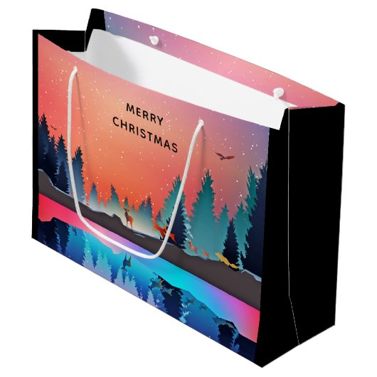Grand Sac Cadeau Lac d'hiver pittoresque avec Noël aux cerfs (Devant Angle)