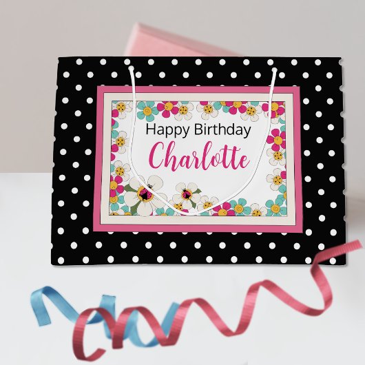 Grand Sac Cadeau Ladybugs et fleurs Anniversaire