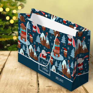 Grand Sac Cadeau Laisser la neige mignonne Nom animal bleu Noël