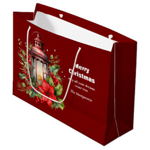Grand Sac Cadeau Lanterne rouge de Noël Poinsettia et pin