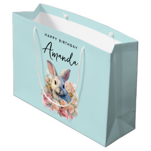 Grand Sac Cadeau Lapin avec une guirlande de roses Joyeux anniversa