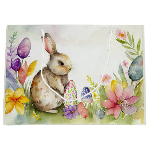 Grand Sac Cadeau Lapin de Pâques avec oeufs peints dans le jardin
