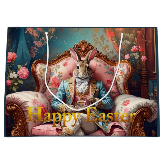 Grand Sac Cadeau Lapin élégant buvant du thé Joyeuses Pâques (Devant)