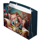 Grand Sac Cadeau Lapin élégant buvant du thé Joyeuses Pâques (Dos Angle)