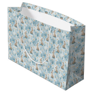 Grand Sac Cadeau Lapin et Marguerite Bébé Bleu de Style Aquarelle