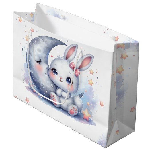 Grand Sac Cadeau lapin mignon et lune de croissant (Devant Angle)