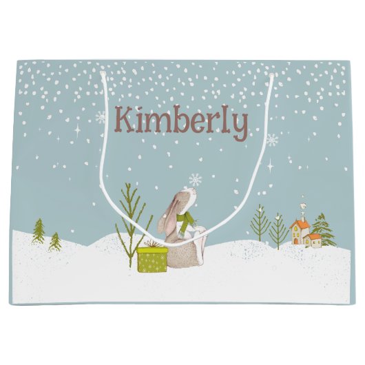 Grand Sac Cadeau Lapin personnalisé à Noël de neige (Devant)