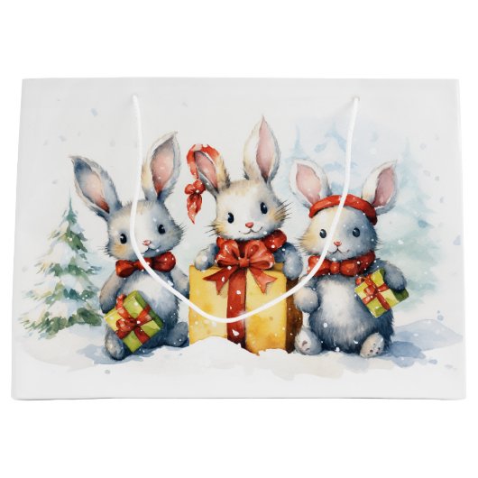 Grand Sac Cadeau Lapins De Noël Avec Cadeaux (Devant)