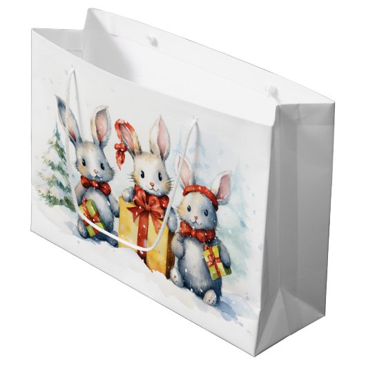 Grand Sac Cadeau Lapins De Noël Avec Cadeaux (Devant Angle)