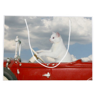 Grand Sac Cadeau Le chat blanc conduit une voiture