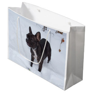 Grand Sac Cadeau Le doux Chien-en-taureau français aime la neige