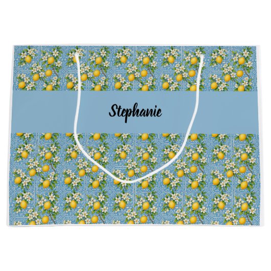 Grand Sac Cadeau Lemon Citrus Blue Tile Pattern Monogram Name (Devant)