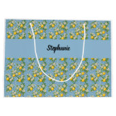 Grand Sac Cadeau Lemon Citrus Blue Tile Pattern Monogram Name (Dos)