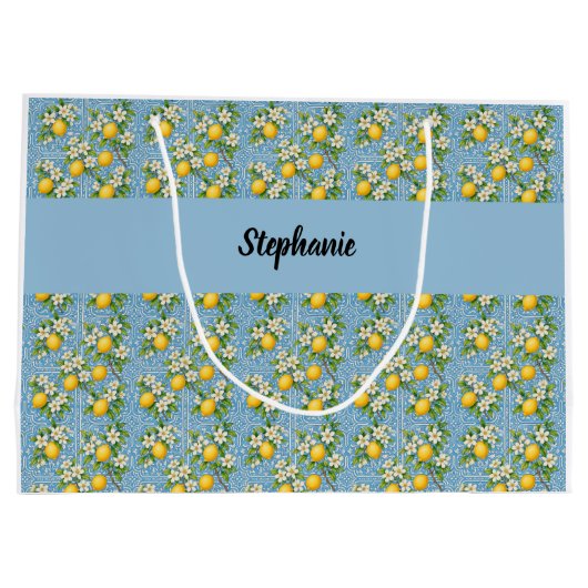 Grand Sac Cadeau Lemon Citrus Blue Tile Pattern Monogram Name (Dos)
