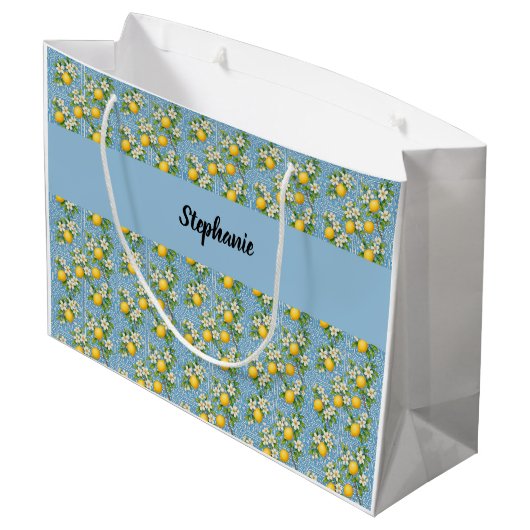 Grand Sac Cadeau Lemon Citrus Blue Tile Pattern Monogram Name (Dos Angle)