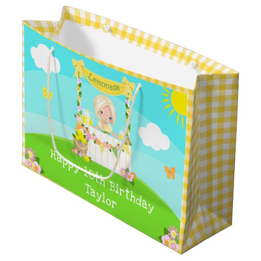 Grand Sac Cadeau Lemonade Blonde Coiffeuse Fille Joyeux Anniversair (Devant Angle)
