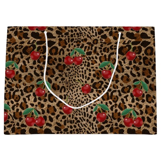 Grand Sac Cadeau Leopard Cheetah Animal Print Red Cherry Pattern (Devant)