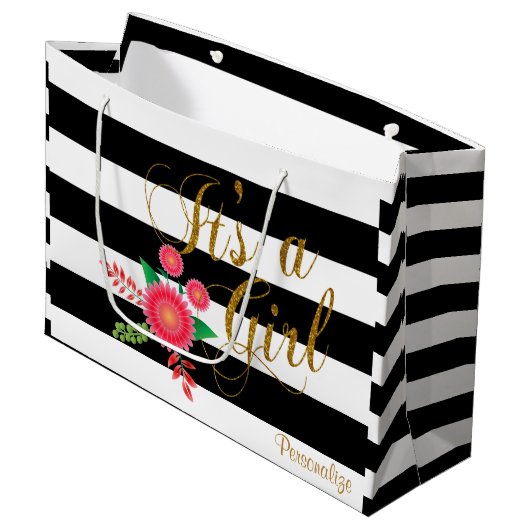 Grand Sac Cadeau Les rayures noires et blanches avec le rose (Devant Angle)