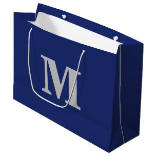 Grand Sac Cadeau Lettre moderne bleu marine et argent Monogramme