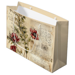 Grand Sac Cadeau Lettre vintage d'amour parchemin avec fleurs (1)