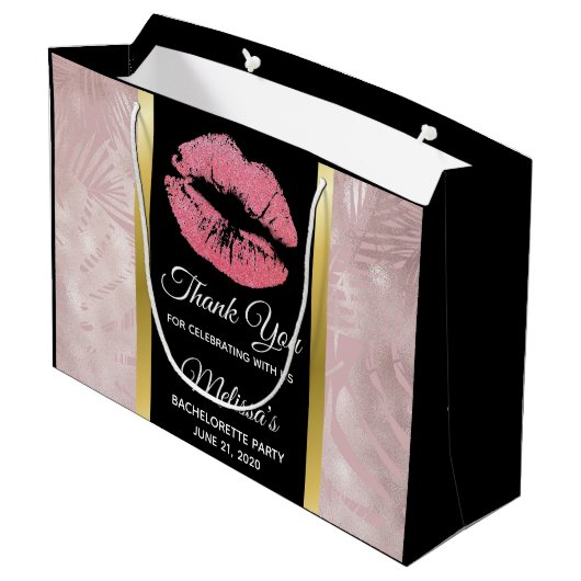 Grand Sac Cadeau Lèvres Pailletées Roses & Feuilles Tropicales Or R (Dos Angle)