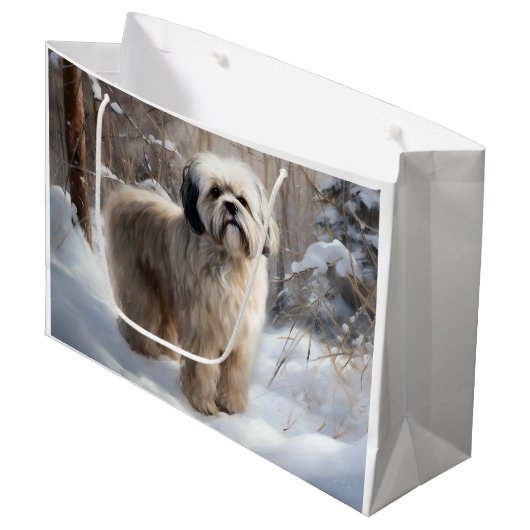 Grand Sac Cadeau Lhassa Apso Laisse Neige Noël (Devant Angle)