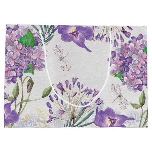 Grand Sac Cadeau Libellule pourpre d'hortensias de violettes (Dos)