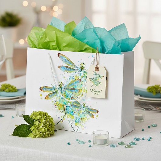 Grand Sac Cadeau Libellule sarcelle éclaboussure 