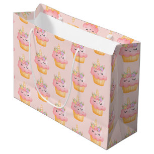 Grand Sac Cadeau Licorne à Cupcake Rose Mignonne avec Motif de Rose