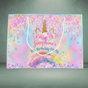Grand Sac Cadeau Licorne arc-en-ciel rose gouttes anniversaire