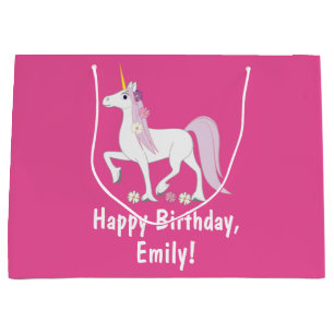 Grand Sac Cadeau Licorne avec le nom d'anniversaire de marguerites