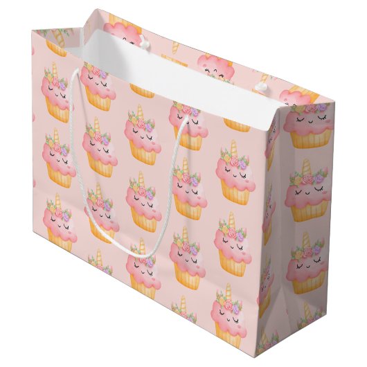 Grand Sac Cadeau Licorne Cupcake Rose Clair Motif (Devant Angle)