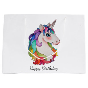 Grand Sac Cadeau Licorne d'aquarelle avec des cheveux d'arc-en-ciel