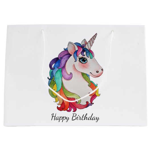 Grand Sac Cadeau Licorne d'aquarelle avec des cheveux d'arc-en-ciel (Devant)