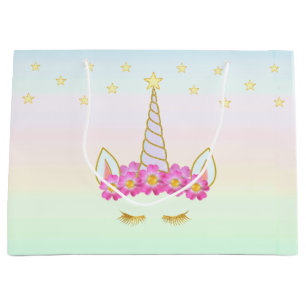 Grand Sac Cadeau Licorne Royale, Fleurs & Étoiles sur Couleurs Past