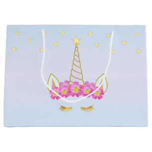 Grand Sac Cadeau Licorne Royale, Fleurs & Étoiles sur Fond Bleu Cla