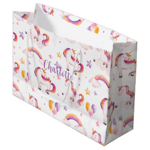Grand Sac Cadeau Licornes et Arc-en-ciel Aquarelle Fille Anniversai