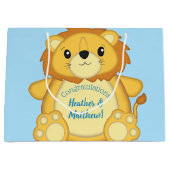 Grand Sac Cadeau Lion Baby shower bleu (Devant)