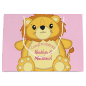 Grand Sac Cadeau Lion Baby shower rose (Devant)
