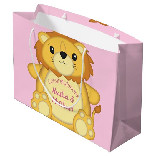 Grand Sac Cadeau Lion Baby shower rose (Dos Angle)