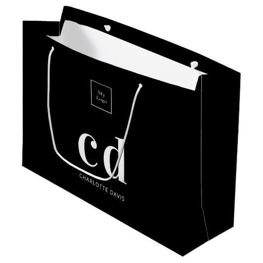 Grand Sac Cadeau Logo noir blanc monogramme initiales shopping (Devant Angle)