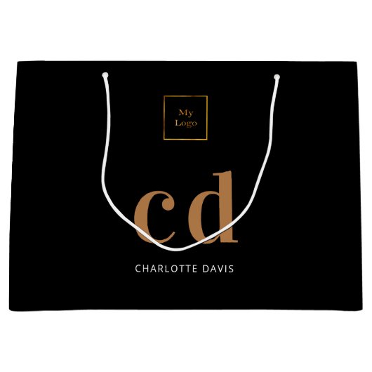 Grand Sac Cadeau Logo or noir monogramme initiales shopping (Devant)