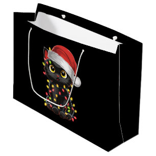 Grand Sac Cadeau Lumières de sapin de Noël chat noir drôle Santa ch