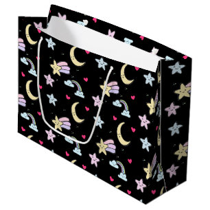 Grand Sac Cadeau Lune, étoiles et nuages Motif sur noir