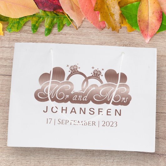 Grand Sac Cadeau M. & Mme Elegant Classic Rose Gold feuille Newlywe