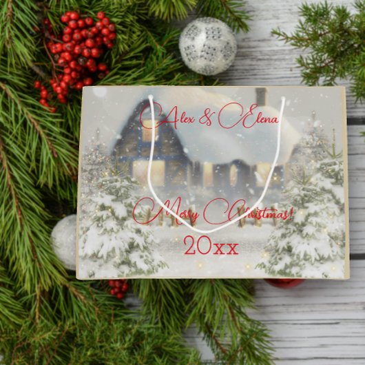 Grand Sac Cadeau Maison d'hiver rétro