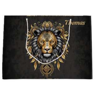 Grand Sac Cadeau Majestic tête de lion doré avec crinière noire.