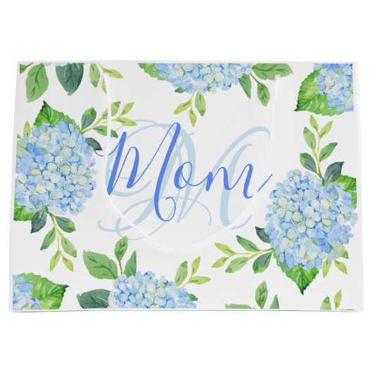 Grand Sac Cadeau Maman Floral Bleu Hydrangée Aquarelle moderne (Devant)
