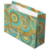 Grand Sac Cadeau Mandala superposé bleu marron or (Devant Angle)